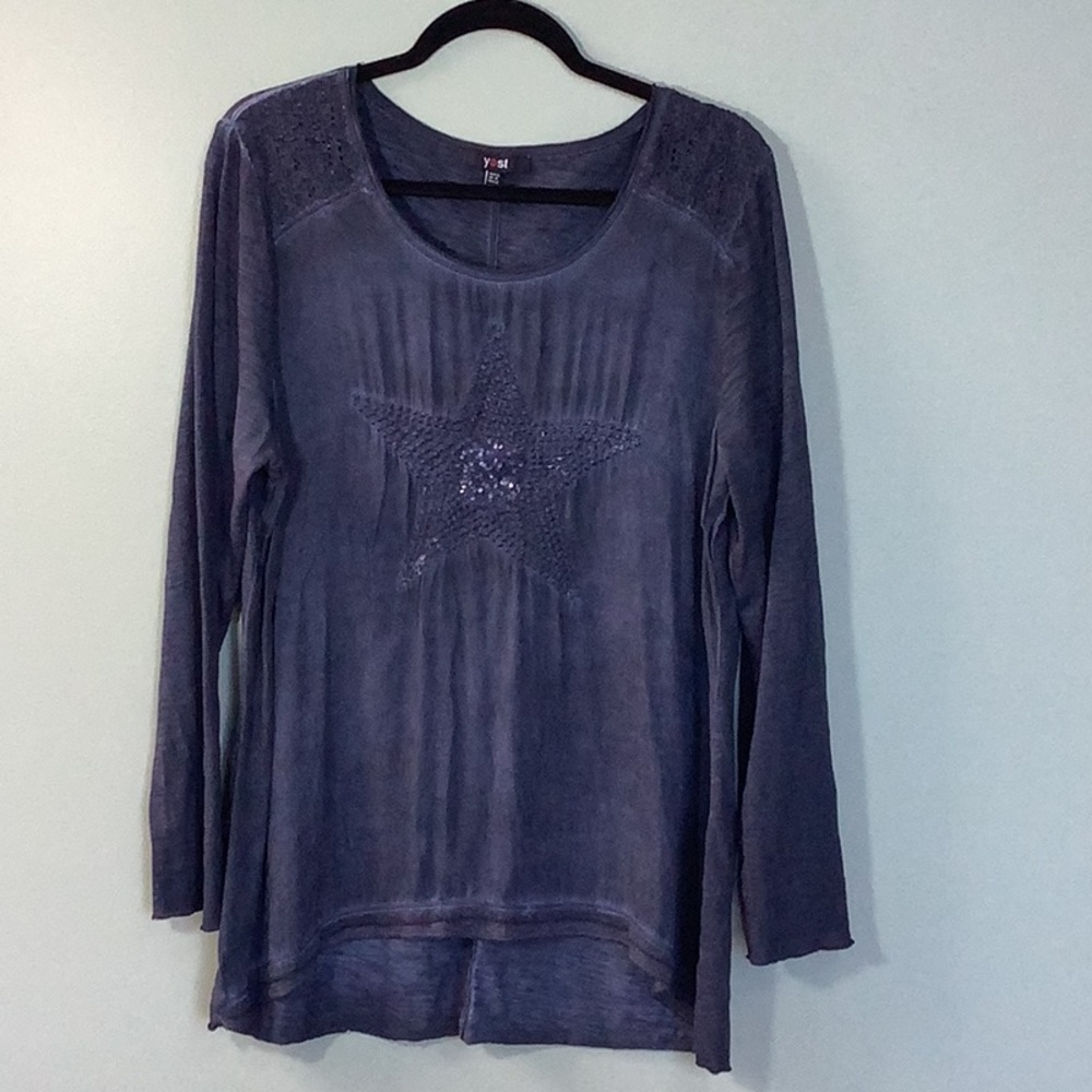 YEST scoop neck long sleeve Rayon T-shirt with embroidered Star